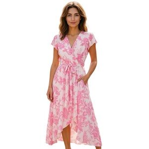 Eliza J Pink Floral Ruffle Midi Dress NWT Size 10 – High-Low Hem & Tie Waist